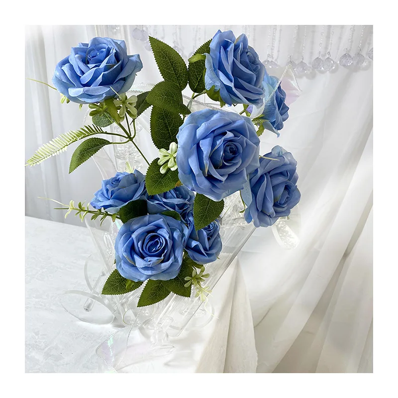 QYY high quality new artificial flower meijiang bunch 9 large curled rose green silk cloth artificial flower