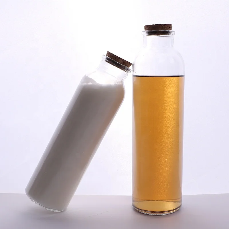 Cork Cap Cylinder Shaped clear Empty Storage Container 300ml Orange Juice Glass Bottle