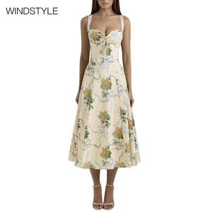 Retro Palace Flower Waist Dress Elegent Daily Summer Waist Dress Breathable Woven Floral Knee-Length Floor-Length