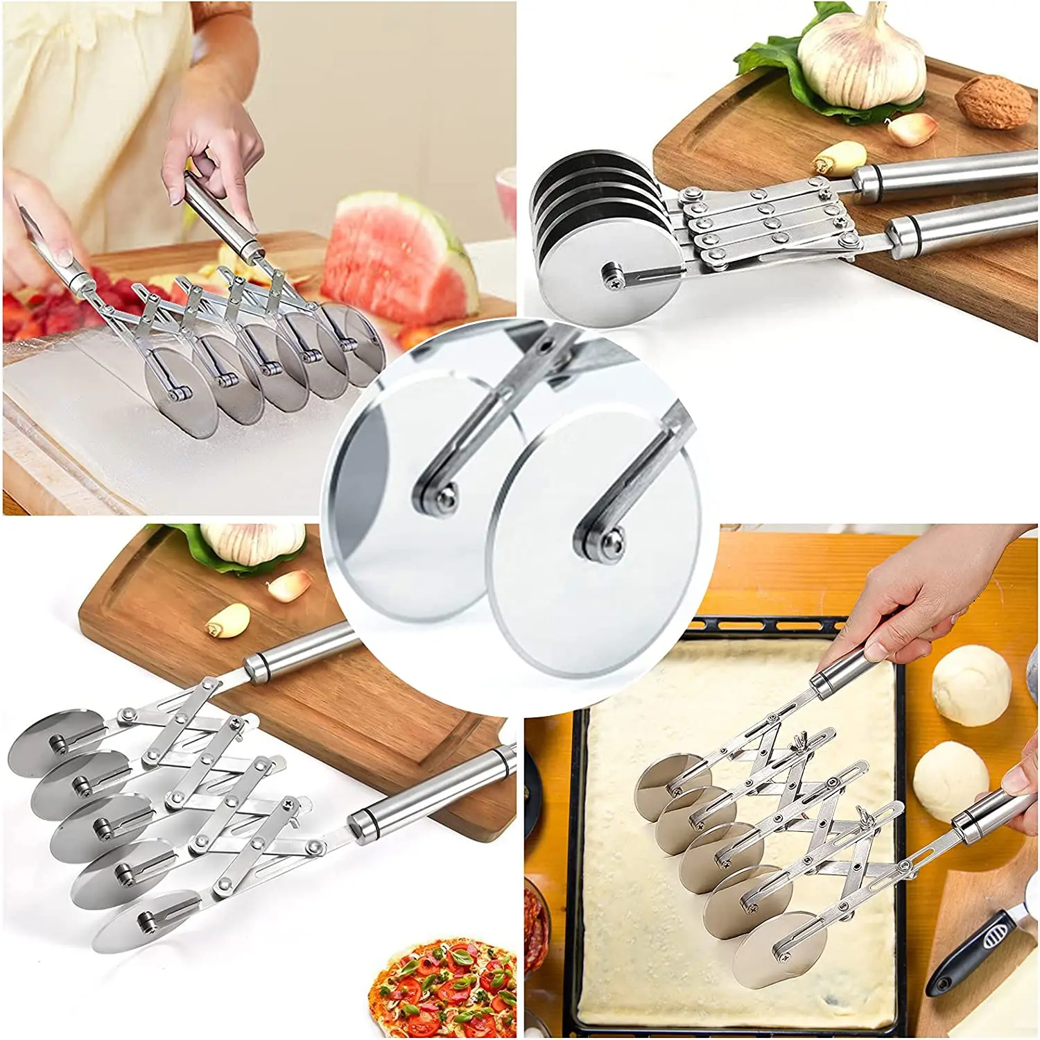 5 Wheel Pastry Cutter with Handle Stainless Steel Double Cutter Adjustable Pizza Slicer Multi-Round Dough Cutter Roller