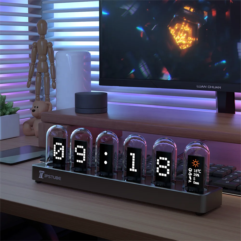 Metal Table Clocks APP Smart Nixie Tube Digital Wifi Clock with Colorful Lighting IPS Smart Night Light
