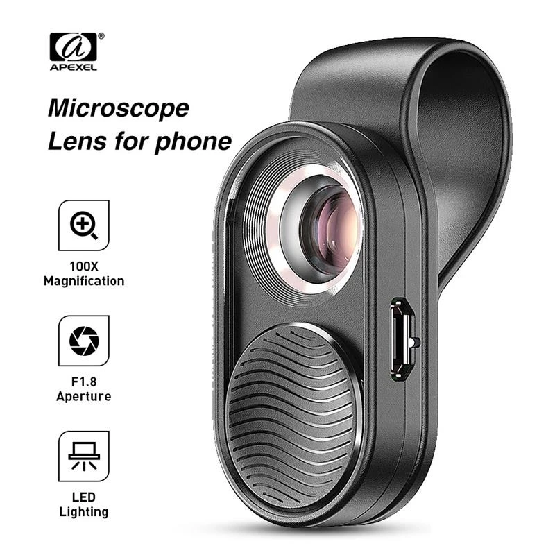 APEXEL 100X Microscope Micro Lens Mobile Phone Mini Magnifying LED Light Pocket Glass Microscopes With Universal Clip for Phone