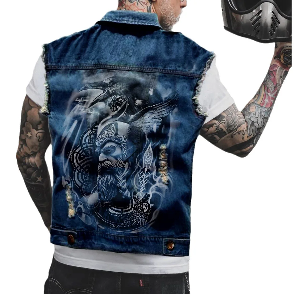 Vintage Denim Vest Jean Vest Black Denim Motorcycle Black Blue Biker Viking Graphic Sleeveless for Men manufacture