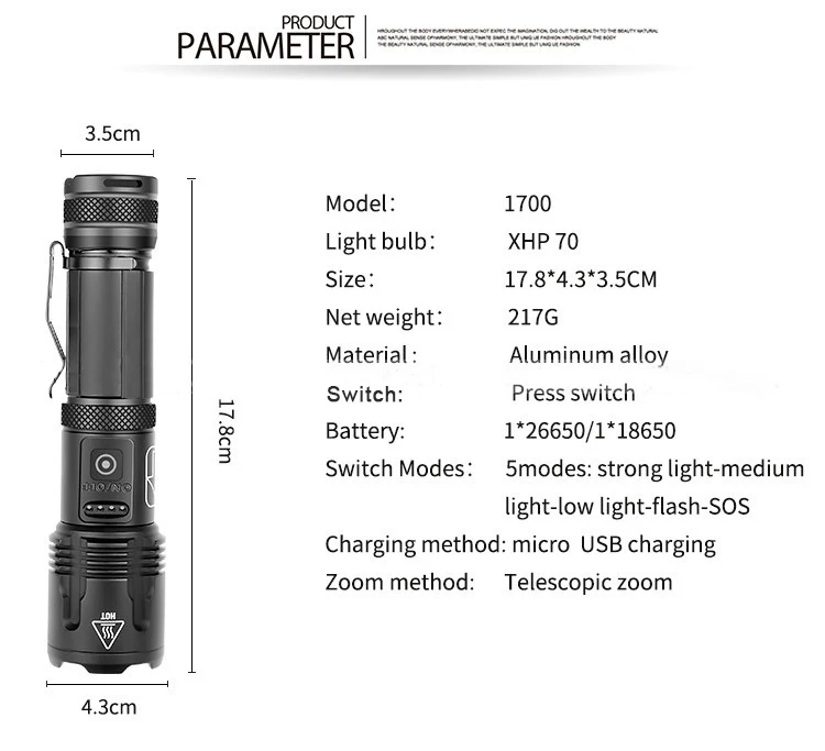 Powerful Waterproof Zoomable Rechargeable XHP70 LED Emergency 5 Modes Power display Tactical  Flashlight Torch Self Defensive supplier