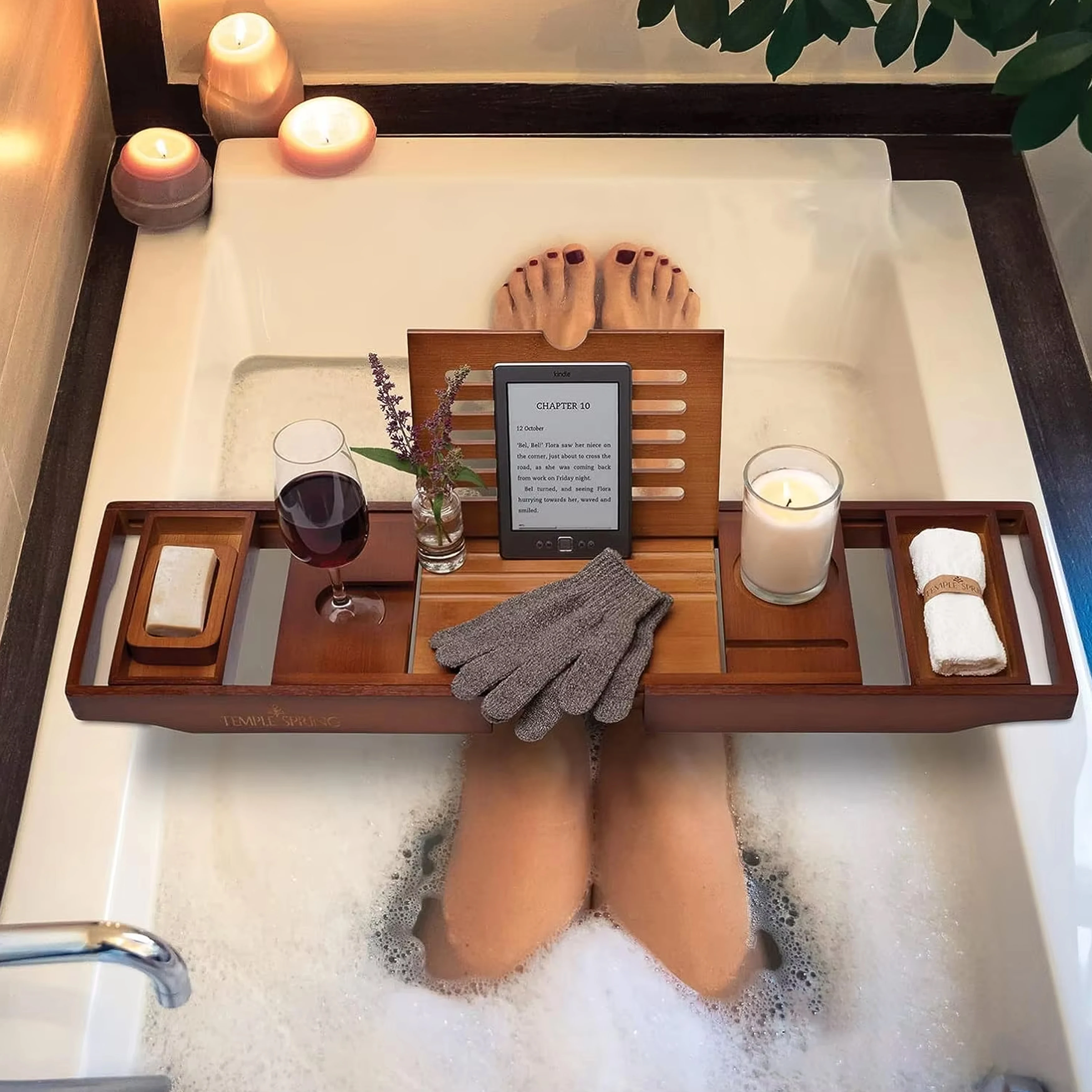 product adjustable extendable bath tray wooden bathtub tray for bathtub with candle holder wine glass book ipad  phone holders bathroom-5