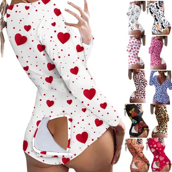 Spring Women Valentines Onesie Pajamas Woman long sleeve one piece romper holiday pajamas long pants custom print adult onesie