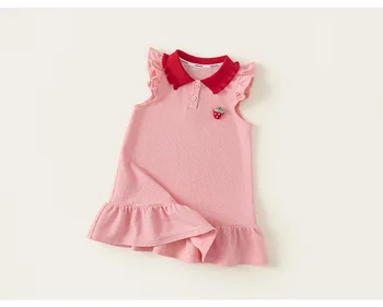2025 Sweet Lace Lapel Dress for Girls Kids Clothing Summer Princess Vest Cartoon Strawberry Pattern Pink Baby Skirts