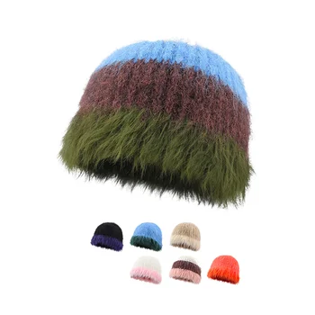 Custom Winter Fuzzy Mohair Beanie Knitted Solid Color Fisherman Beanie Hat for Men and Women
