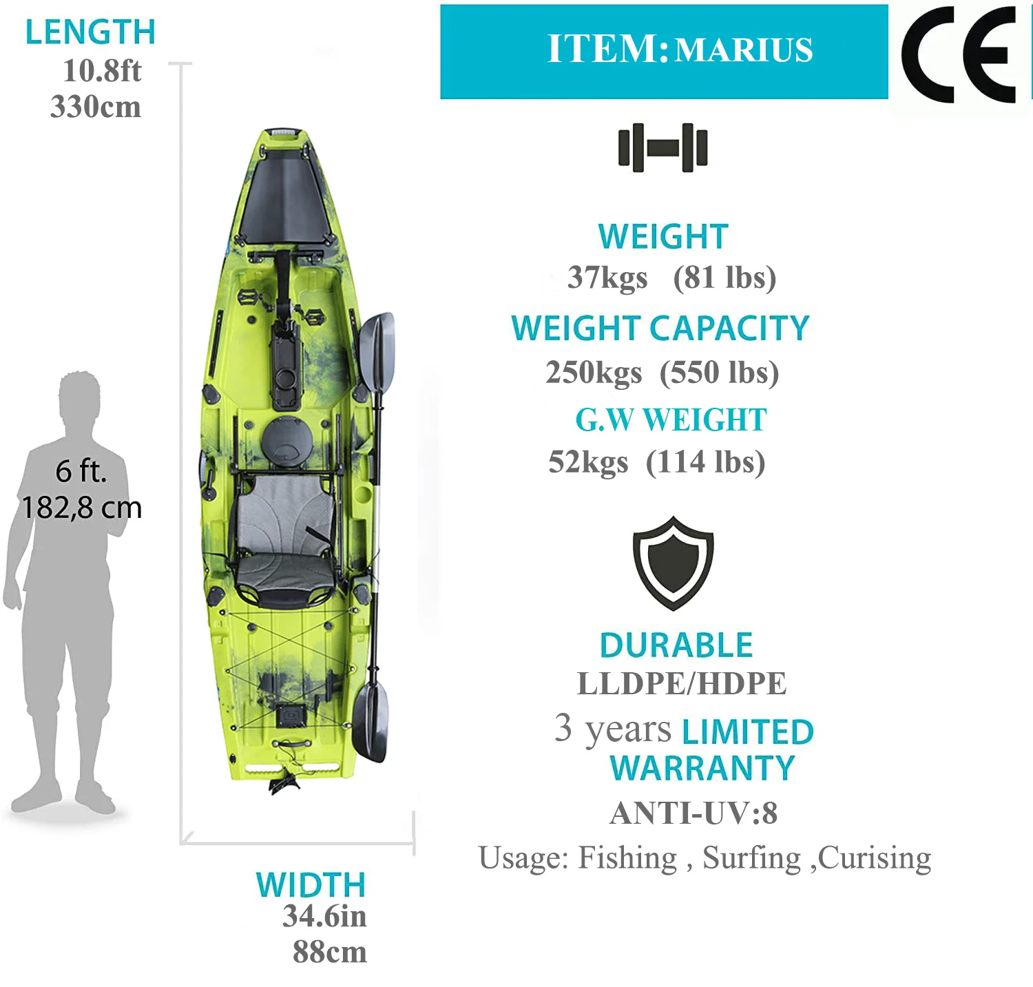 Hot Selling 11ft High Quality Wide And Stable Fishing Rotational Kayak