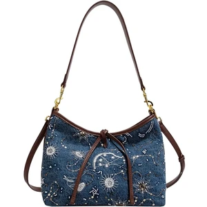 Jacoponnus Stylish Denim Tote Bag Latest Design Embroidery Glitter Waterproof Adjustable Shoulder Strap Versatile for Spring for