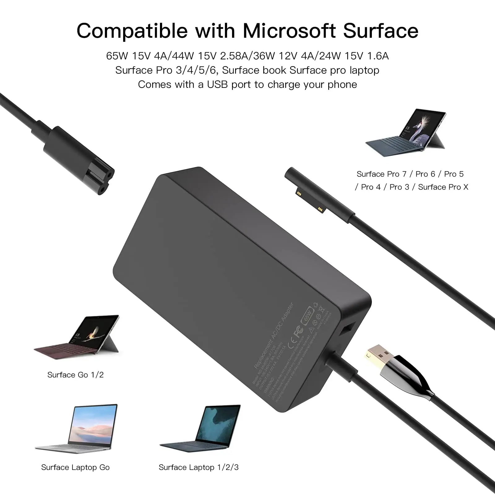 Chargeur Surface,65W Chargeur Surface Pro pour Surface Pro 3/4/5/6/7/7