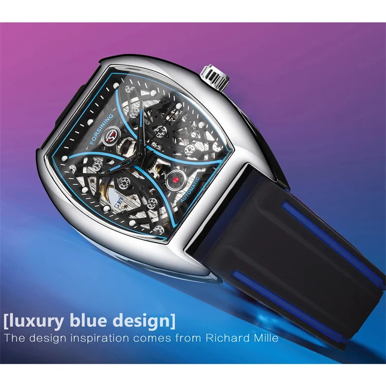 送料無料！　Forsining 腕時計 自動巻・手動巻 スケルトン ステンレス腕時計 シルバー 自動巻・手動巻 スケルトン腕時計 forsining 　金⁄青