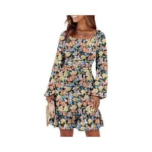 Womens Dress Long Lantern Sleeve Square Collar Elastic Waist Ruffle Flowy A-Line Short Summer Floral Print Fashion