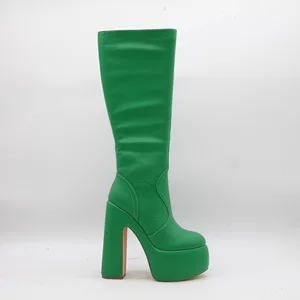 BUSY GIRL HQ1138 Custom Heel Women Boots Size Zipper Women's Bright Green Leather Platform Block Heel Vintage Knee High Boots