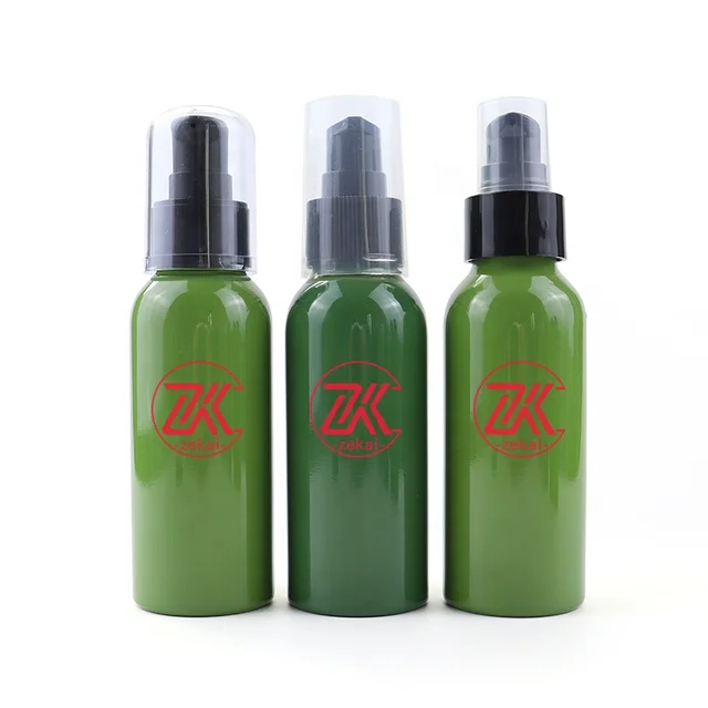 High Quality shampoo soap packaging 2oz 50ml 100ml Reusable Green aluminium serum cream bottle with lotion pump press head
