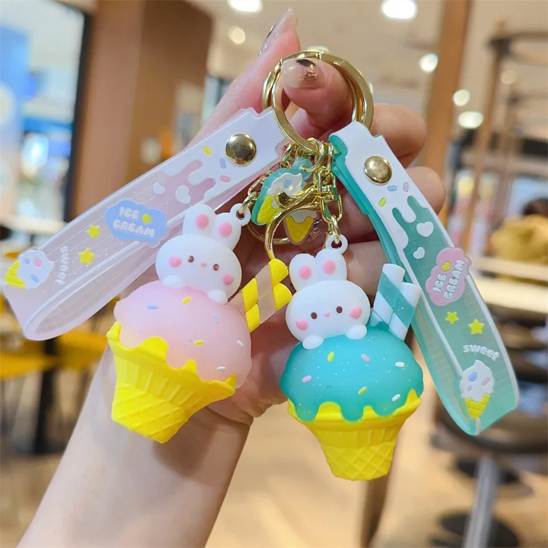 Sweet Rabbit Ice Cream Keychain Cute 3D Bunny Keyring