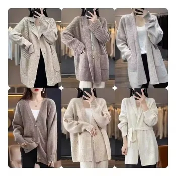 Women's Cable Knit Long Sleeve Open Front Cardigan Sheep V-Neck Button Down Embroidery Wool Blend Sweater Coat Outwear