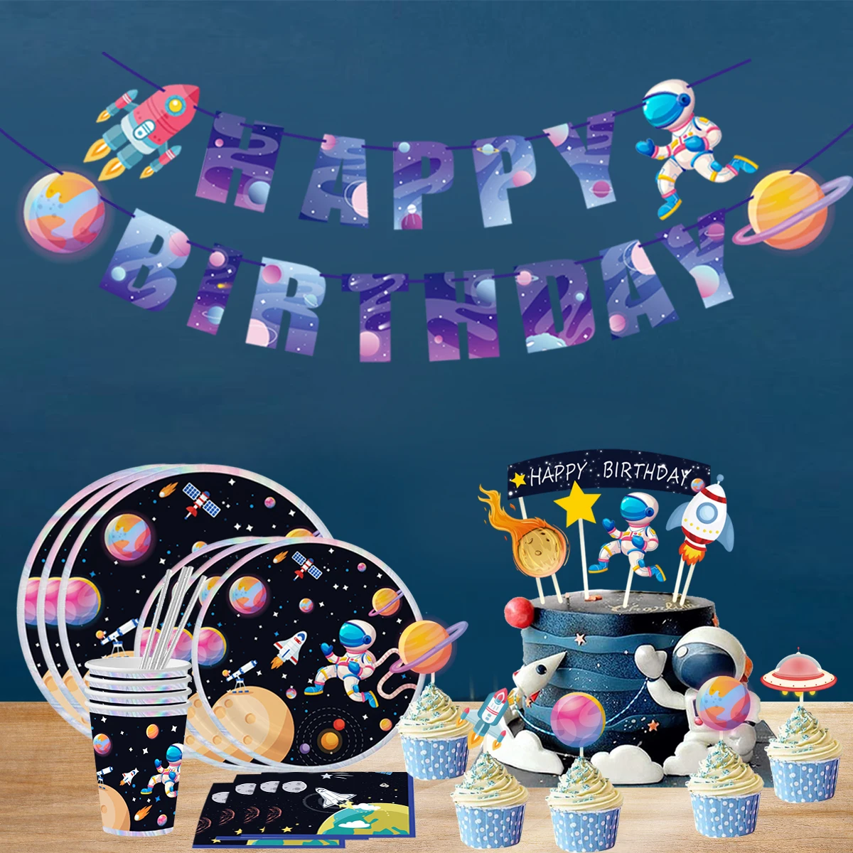 Nicro Fast Delivery Spaceman Theme 92 PCS Space Astronaut Supplies Disposable Tableware Banner Happy Birthday Party Decoration
