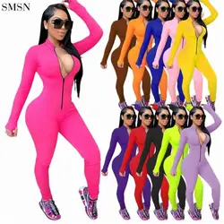 Fall Women Clothes Club Wear Sexy Yoga Bodycon Jumpsuits Solid Color Women Zip Up Finger Jumpsuit