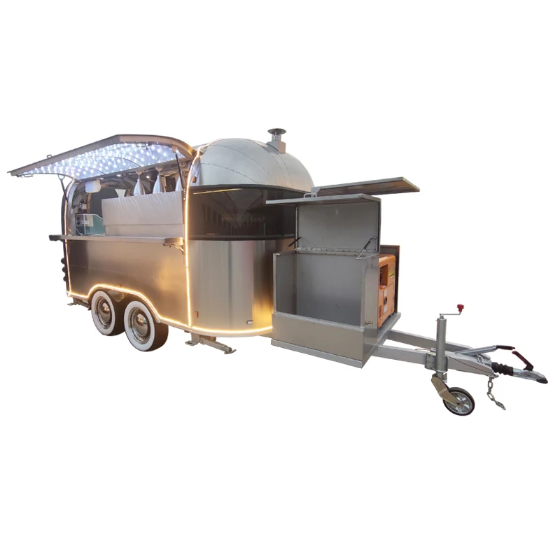 Airstream mobile camper kitchen pizza trailer with various cooking equipments salad refrigeration churro coffee food cart