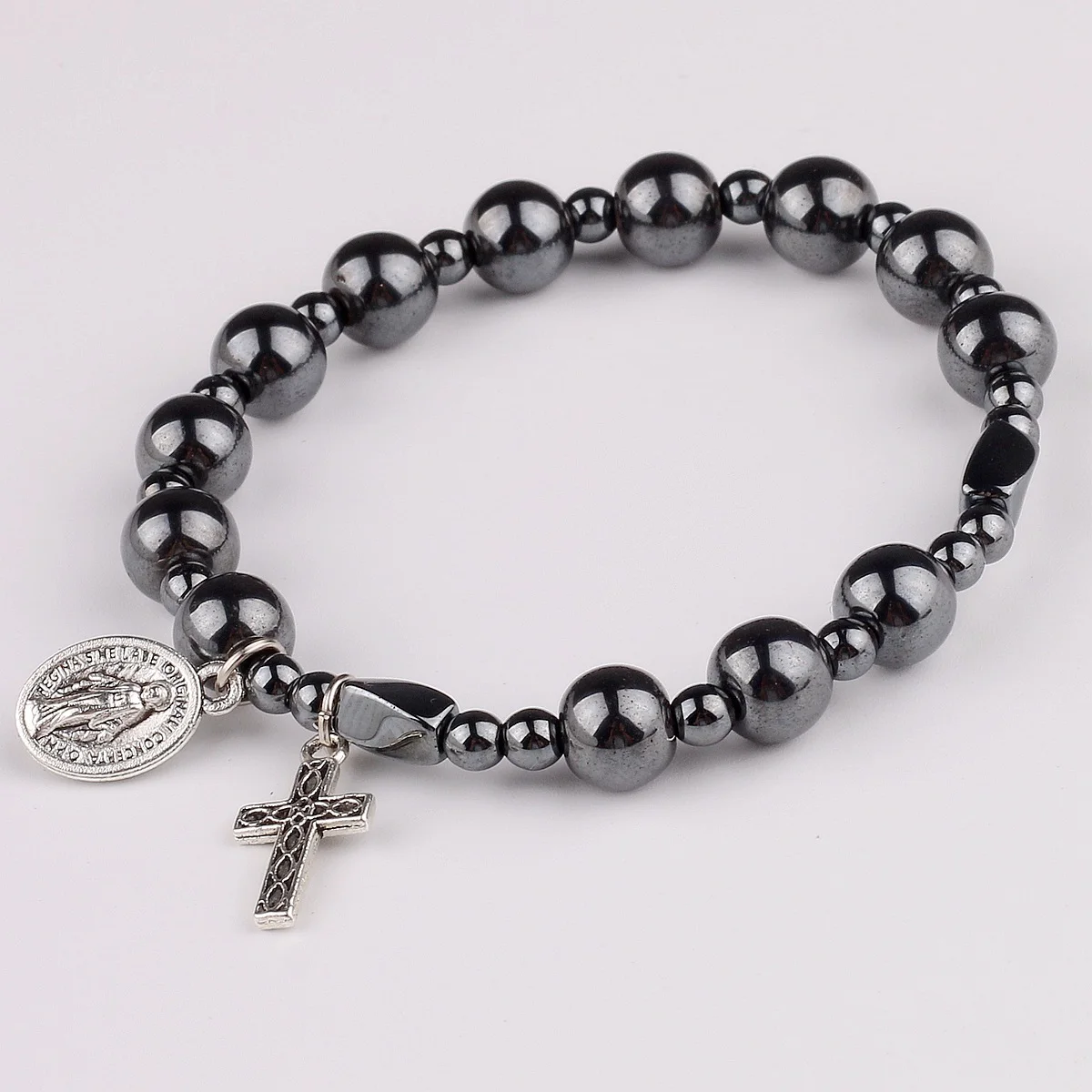 8mm Hematite Beads Bracelet With Virgin Mary Medal Catholic Religious ...