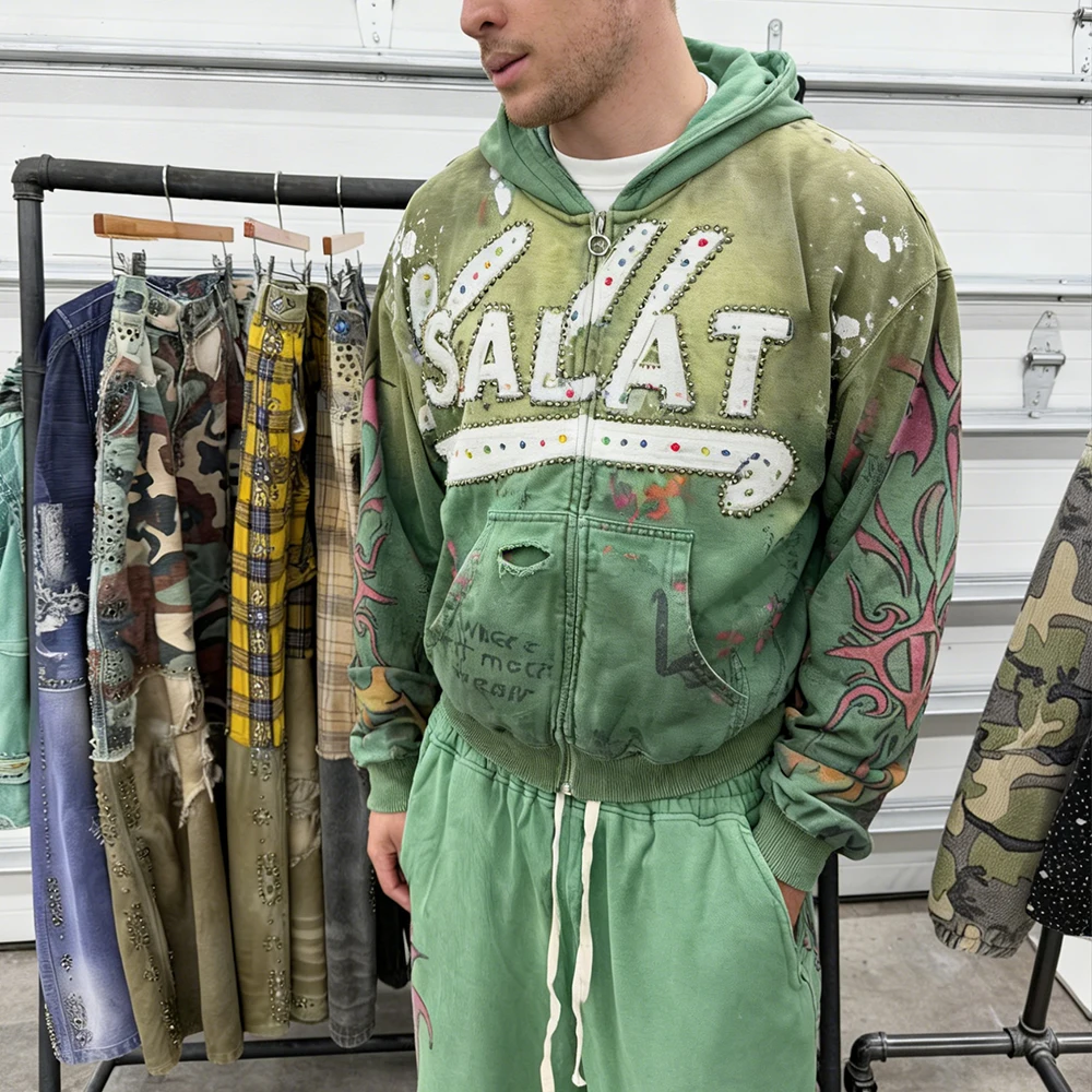 Manufacturers Logo Cropped Distressed Zip up Sweatsuit Rhinestone Streetwear Tracksuit Baggy Flared Sweatpants and Hoodie Sets