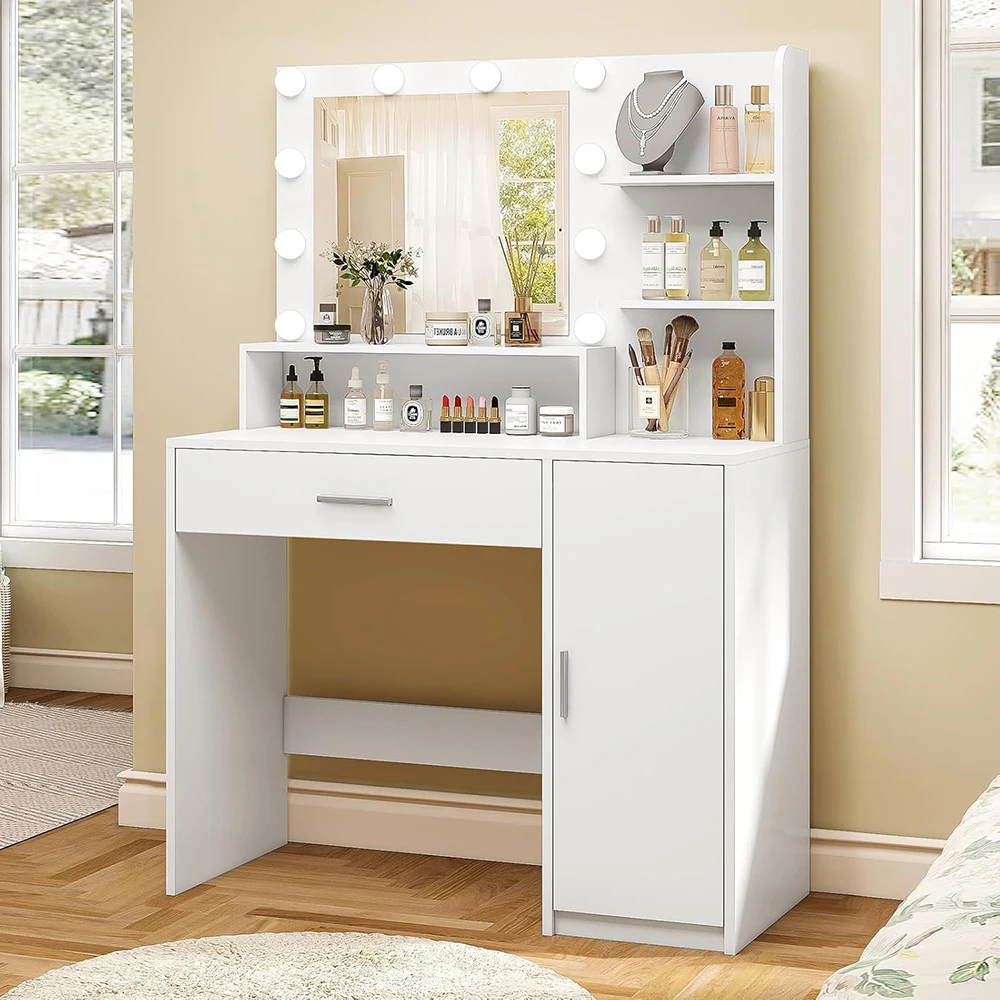 Nu-Deco Modern Wood Makeup Vanity Desk Mirror Lights 5 Drawers Storage Shelves 3 Color Modes Adjustable Brightness Bedroom