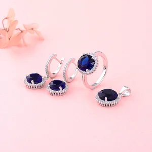 Rhodium Plated 925 Silver Crystal Rhinestone Luxury Jewelry Set Cabochon Ring Pendant Earrings Trio Ocean Blue Women's Gift Set