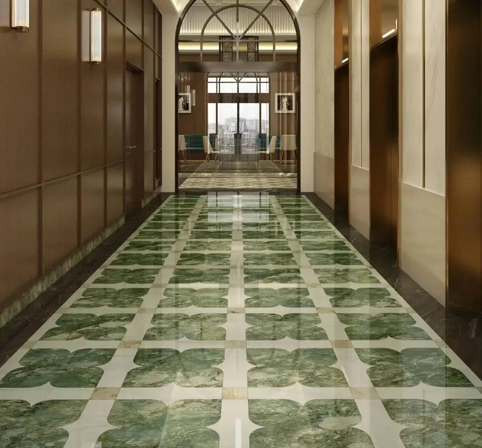 Lantai Inlay Marmar Hijau Semula Jadi, Moden, Kedap Air untuk Bilik Mandi dan Dapur, Jubin Lantai Marmar Medalion Khas Hotel dengan Teknologi Waterjet, Berbentuk Melengkung