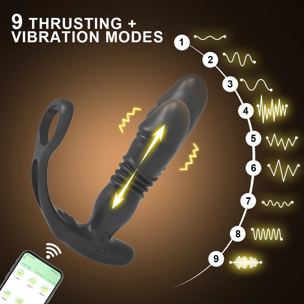 App Control 9 Thrusting and Vibration Modes  Prostate Stimulator and Cock Ring Anal Plug for Men