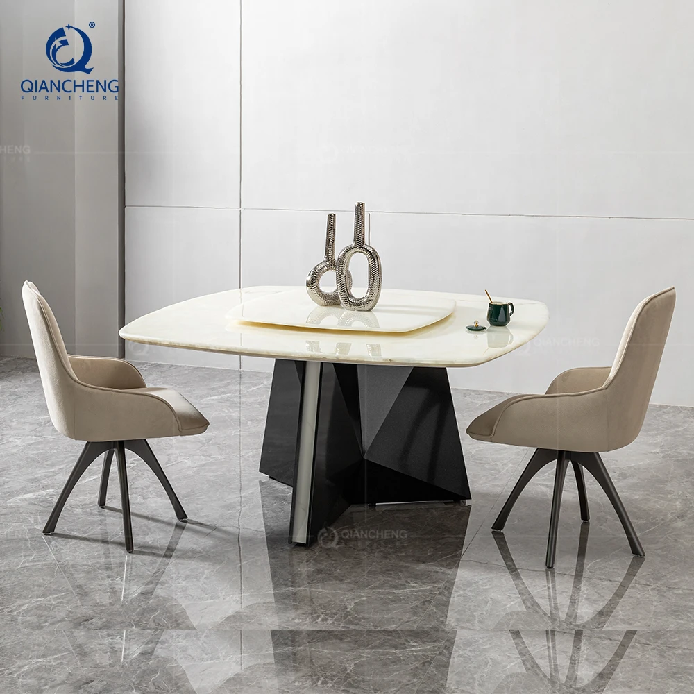 360° Turntable Two Layer Square Dining Table With Marble Rotating Centre Countertop Luxury New Design Black Stainless Steel Base