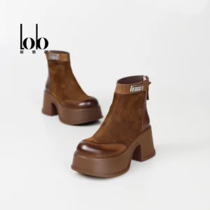 Winter 2026 Women's High Top for Boots Genuine Leather Coarse Heel Shoes with Back Zipper Closure Elastic Slimming