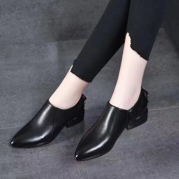 Comfort Pointed Toe Black Leather Non-slip Office Casual Ladies Bow Tie ...