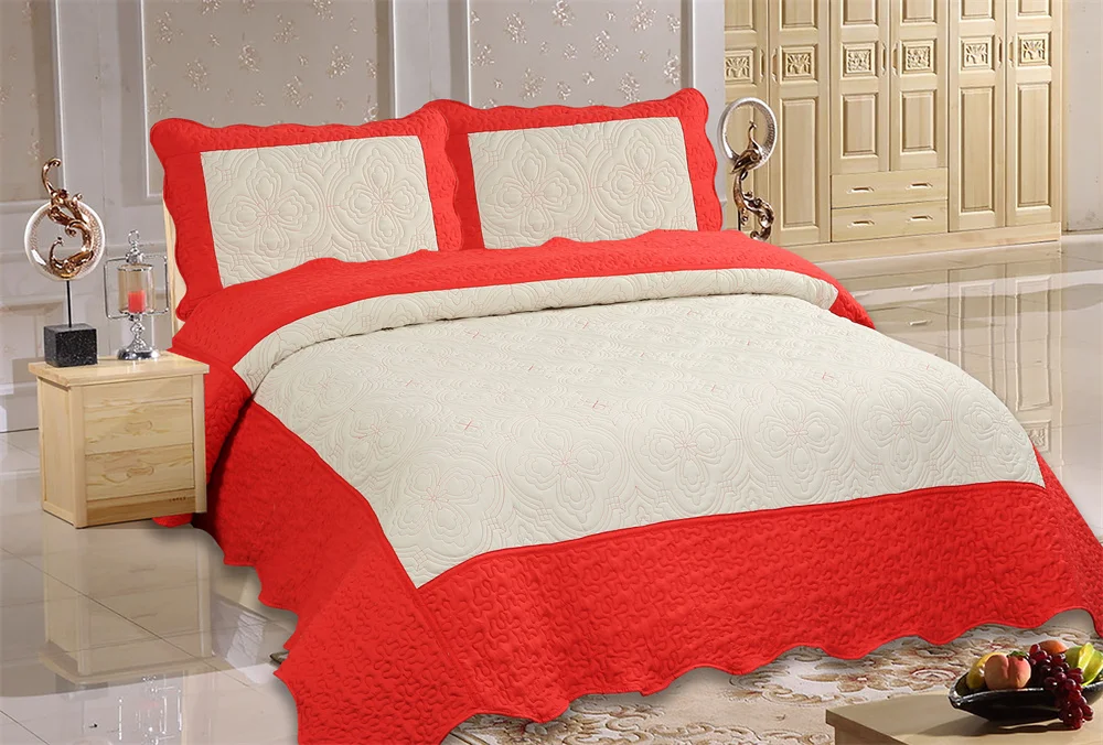White Quilted Bedspread Set Embroidery Quilts Microfiber Comforter Sets