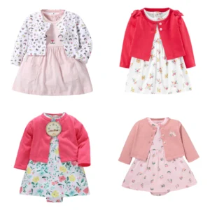 2021 New Kids Girls Cute Shawl 2 Piece Suit Long Sleeved Jacket Short Sleeved Romper Dress Baby Clothing Set Fashion Clothes