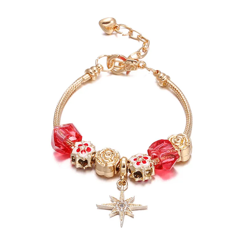 Flowers beaded star pendant  charm bracelets gold plated high quality Women's jewelry