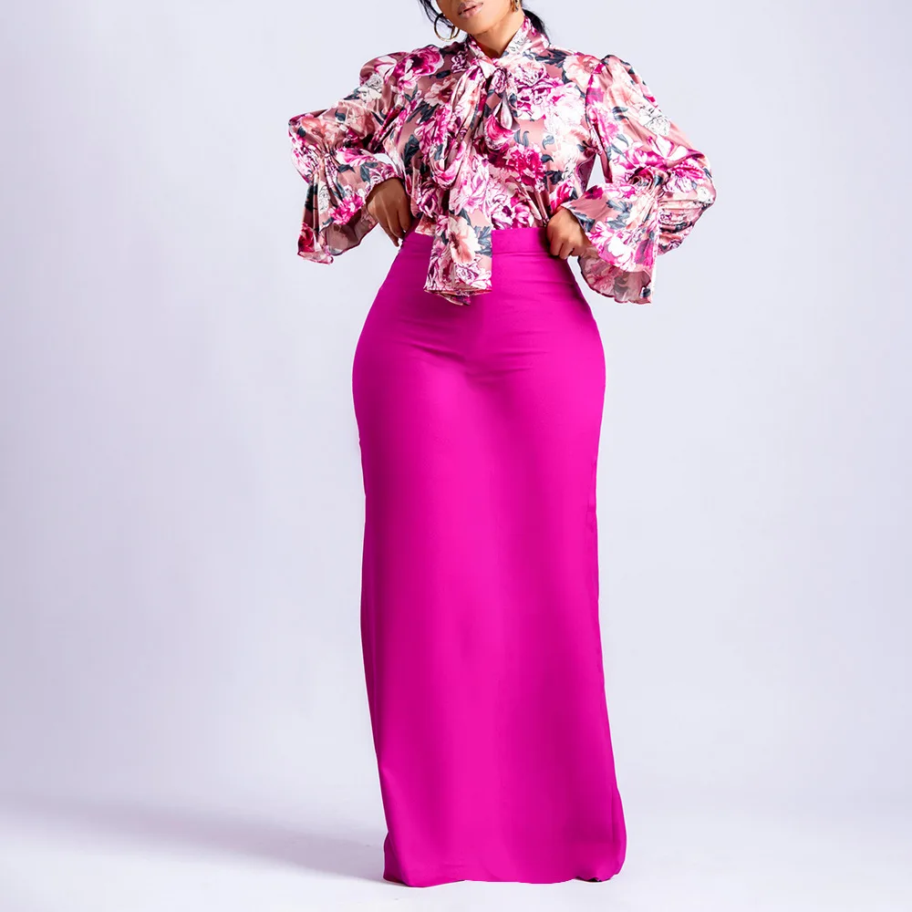 Casual Fashion Print Lace-up Long-sleeved Shirt Women Plus Size Skirt 2025  New Ladies Printed Dresses Two-piece Set