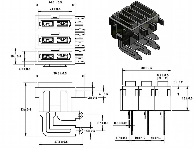 Double Triplet Tetrad PCB Mount Blade Fuse Holder with PA66 Material and Brass Terminal for Automotive Applications