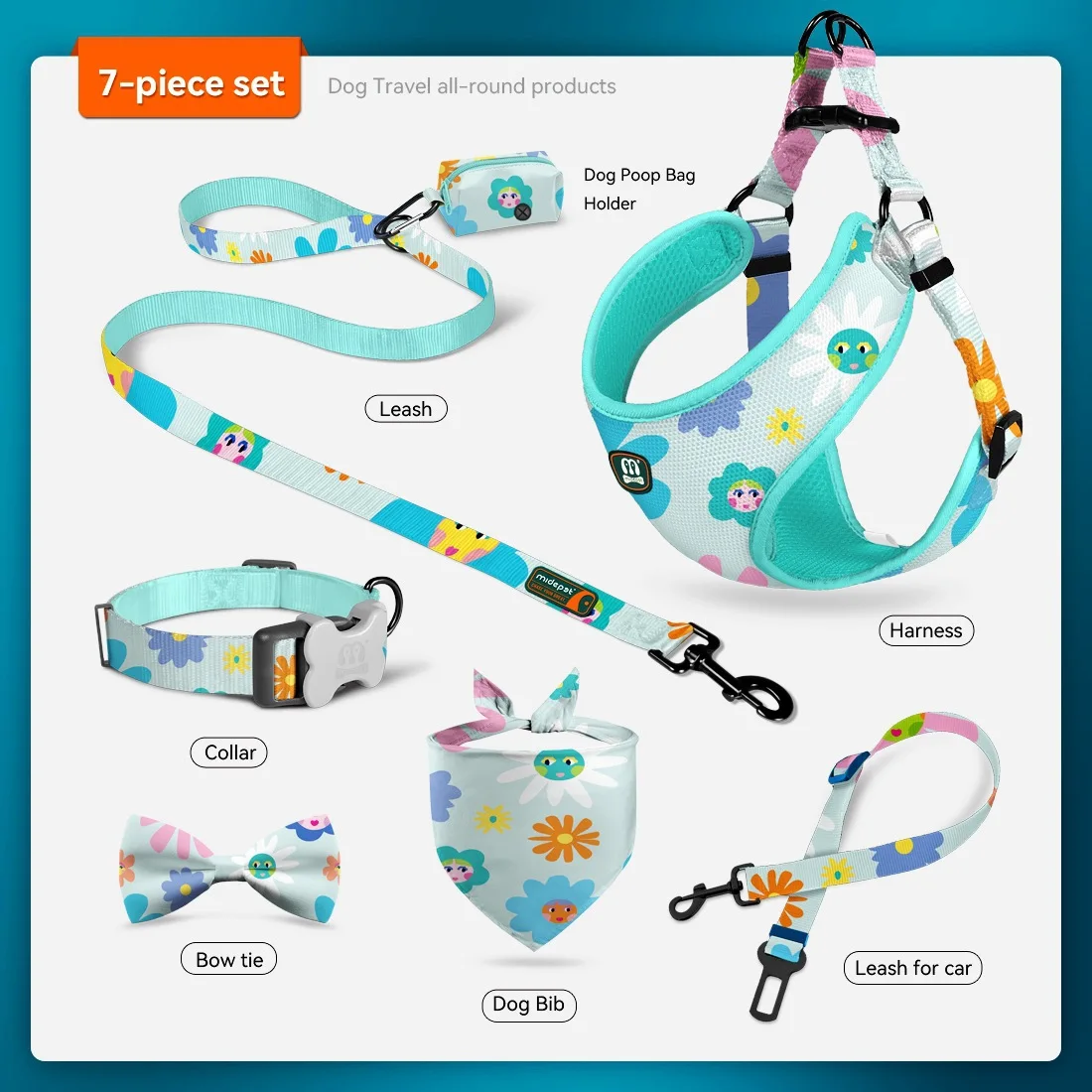 IVYPET OEM Luxury 6-Pieces Pet Dog Harness Set Soft Dog Cat Harness Leash Collar with Poop Bag Holder Bandana Bowknot supplier