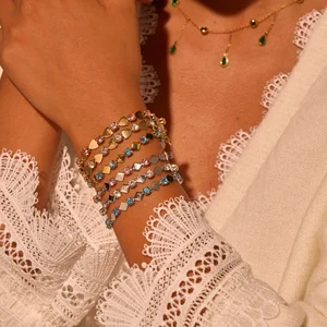 MW Gold Plated High Polish Geometric CZ Beaded Bracelet Fashion Charm Stainless Steel Zirconia Patchwork Bracelet