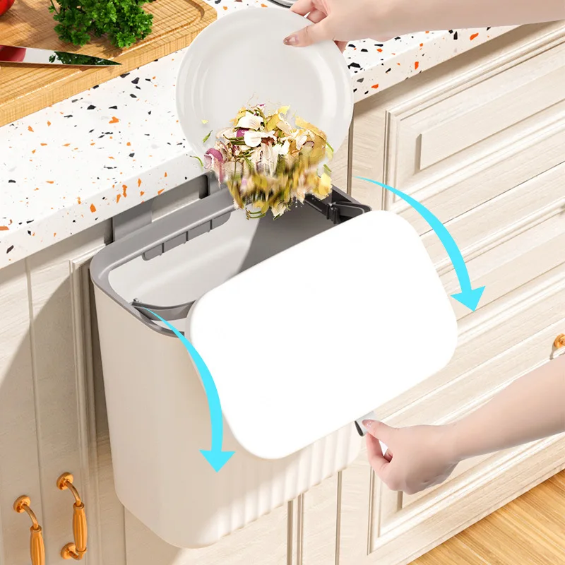 Upgraded Thickened Plastic PP Vertical Compost Waste Bin Kitchen Hanging Trash Can with Hanging Hook & Sliding Open Lid