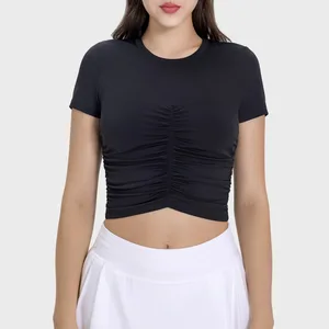 Fashionable Women's Pleated Sports Short Sleeved Yoga Top Slimming and Quick Dry Plus Size and Breathable for Adults