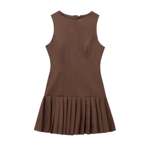 Elegant Summer Casual Dresses for Women Zipper Fly Crew Neck Sleeveless Solid Color Vintage Style Natural Waistline Woven Method