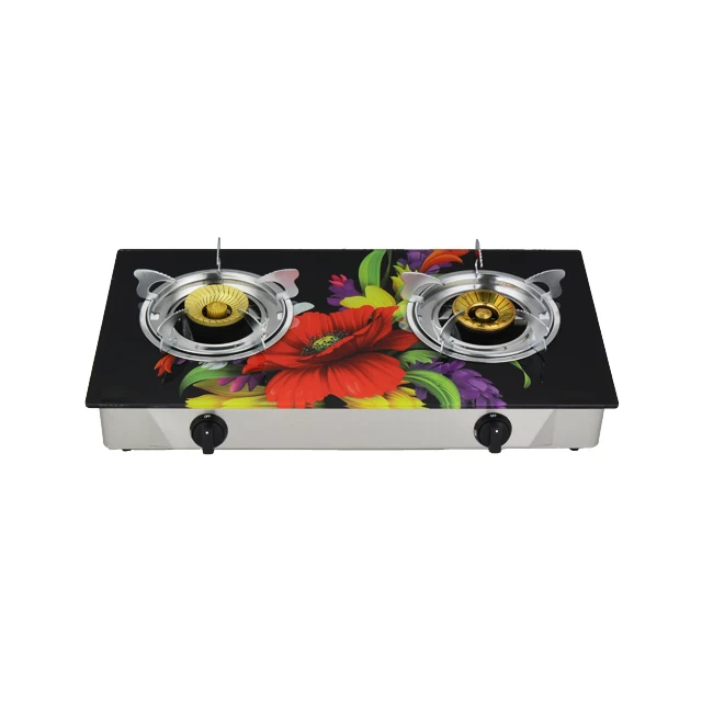 Hot Sale Fancy Tempered Glass  Stainless Steel Panel Professional Cast Iron Double burner Gas Stove