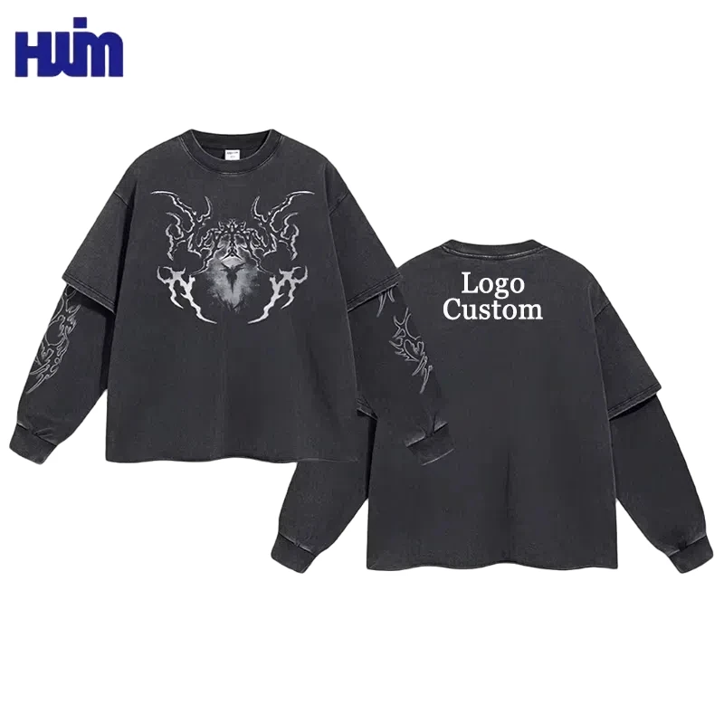 Autumn Trend Retro Fake Two Piece Rolled Edge Printed Long Sleeve T-Shirt Custom Men's Doing Old Washed Street Casual Tee