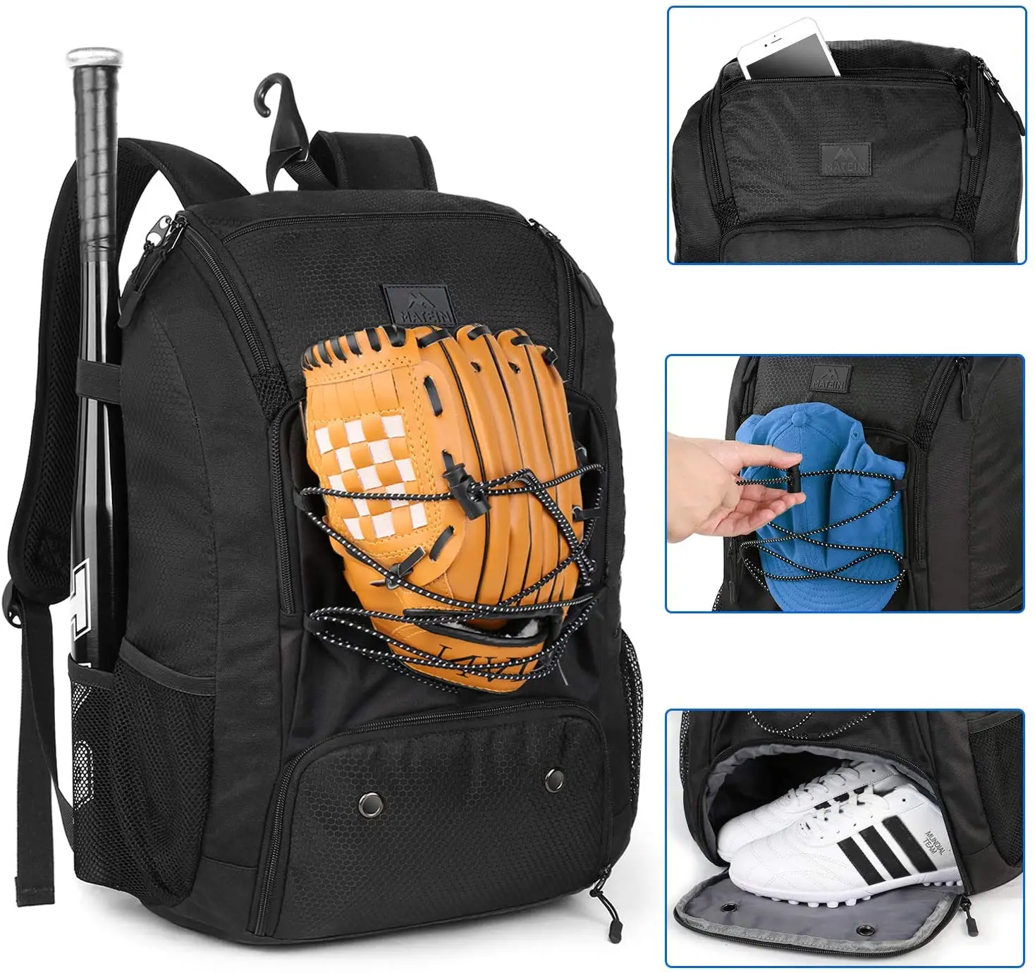 Baseball Backpack, Softball Bat Bag with Shoes Compartment for Youth, Boys MATEIN Baseball Backpack, Lightweight Softball Bags with  main image 3