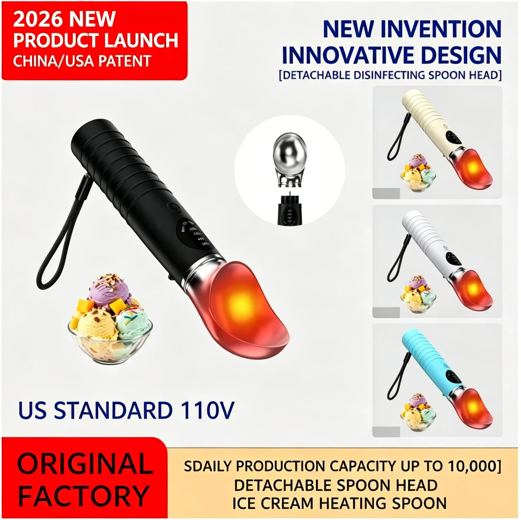 LED Heated Metal Ice Cream Scoop 4-Speed Temperature Control IP67 Waterproof Rechargeable Easy Use for Home & Business