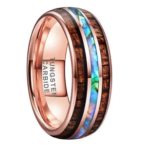 Coolstyle Jewelry 8mm Men Women Rose Gold Tungsten Ring Abalone Shell Koa Wood Inlay Fashion Jewelry Engagement Wedding Band