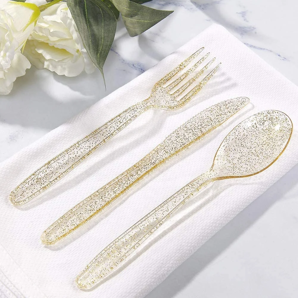 PS Disposable Plastic Cutlery Gold Sliver Rose Gold Glitter Disposable Plastic Flatware Knife Fork Spoon