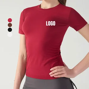 Wholesale Custom Women's Quick-Drying Breathable Short Sleeve T-Shirt Compression High Elastic Pleated Waist Slim-Fit Causal Tee